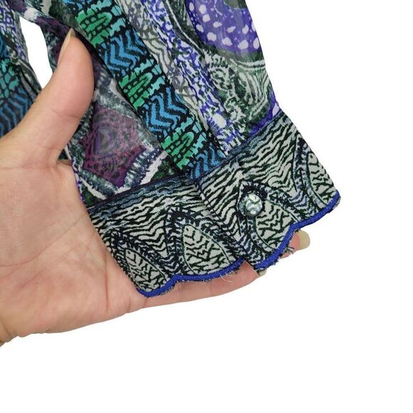 KAS Designs Sheer Long Blouse L Blue Green Medallion Leaf Print Boho Peasant - Picture 9 of 11